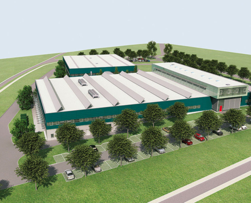 Planung 1. Bauabschnitt des Neubau einer Fabrikanlage für optische Geräte mit Verwaltung und Sozialräumen durch Schwieger Architekten.